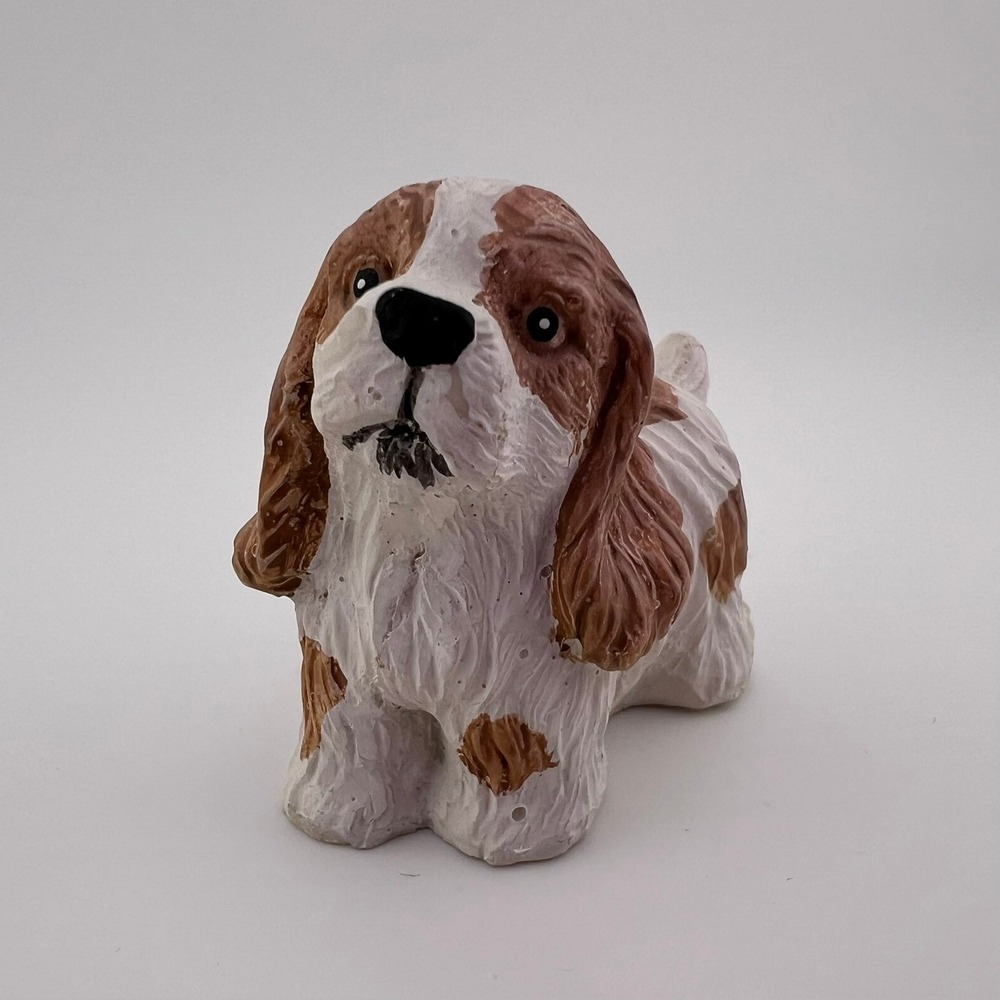 Vintage Spaniel Dog Figurine Mini Brown White Puppy Shelf Decor 2.25"
